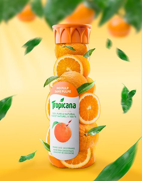 Print ad to promote Tropicana orange juice. Emphasizing the usage of 100% real oranges on its ingredients. Tumblr, Beverage Campaign, Juice Ad, Photoshop Tricks, Grocery Products, Beverage Poster, Food Art Photography, Social Media Advertising Design, Juice Packaging