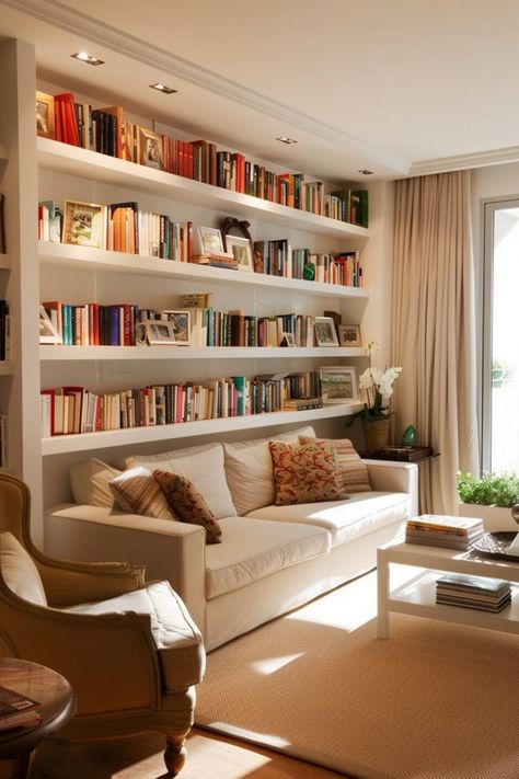 Transform Your Walls: Shelving Unit Ideas for Efficient Home Libraries - Quiet Minimal Shelves Books Wall, Easy Library Shelves, Elegant Home Library, Library Wall Living Room, Wall Library Shelves, Simple Home Library, Home Book Library, Home Book Shelves, Apartment Bookcase