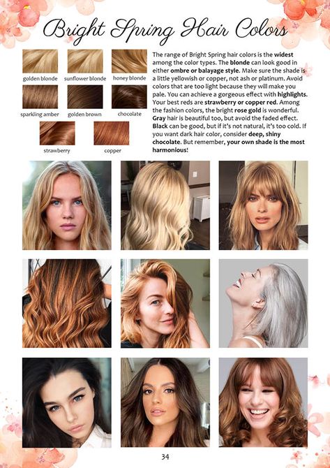 Bright Spring Color Palette and Wardrobe Guide | Dream Wardrobe House Of Colour Spring Hair, True Bright Color Palette, Spring Color Palette Hair Colors, Color Analysis Bright Spring, Best Hair Color For Bright Spring, Spring Season Hair Color, Bright Spring Brown Hair, Hair Colors For Bright Spring, True Spring Hair Color Palette