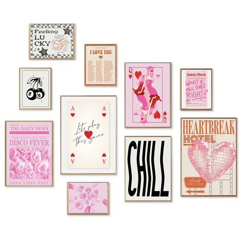 PRICES MAY VARY. 【Preppy Posters for Room】The Pink Trendy Wall Art Set has 3 different size, 5 eclectic art prints in 5x7inch(13x18cm),3 eclectic art prints in 8x10inch(20x25cm),2 eclectic art prints in 11x14inch(28x36cm),Please measure your wall careful to make sure you pick the right size.This Eclectic Wall Art is UNFRAMED,Please pay attention to it. You can prepare frames with style you like to match this wall prints;assemble and install by yourself,fully enjoy the fun of DIY. 【Preppy Room De Colorful Bedroom Wall Art, Eclectic Preppy Decor, Pink College Room Ideas, Poster Cluster Wall, Preppy Wall Decor Ideas For Room, Girly Gallery Wall Ideas, Dorm Room Prints Wall Art, Vibey Wall Art, Dorm Room Wall Prints