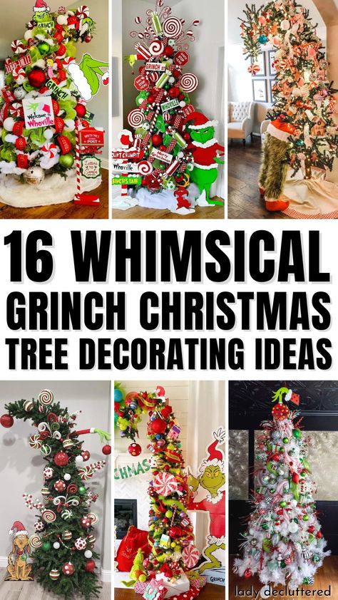 16 Whimsical Grinch Christmas Tree Decorating Ideas Christmas Tree Ideas The Grinch, Grinch Color Christmas Tree, Christmas Decorations Outside Diy, Grinch Flocked Christmas Tree, Grinchmas Christmas Tree, Funky Christmas Trees Ideas, Magical Christmas Tree Ideas, Whoville Decorating Ideas, Grinch Christmas Decorating Ideas