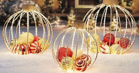 Deck the Outside Halls With These Pretty Outdoor Ornaments Oversized Ornaments, Outside Christmas Decorations, Room Vibes, Christmas Yard Decorations, Christmas Yard, Outdoor Holiday Decor, Outdoor Christmas Lights, Outdoor Decorations, Outdoor Christmas Decorations