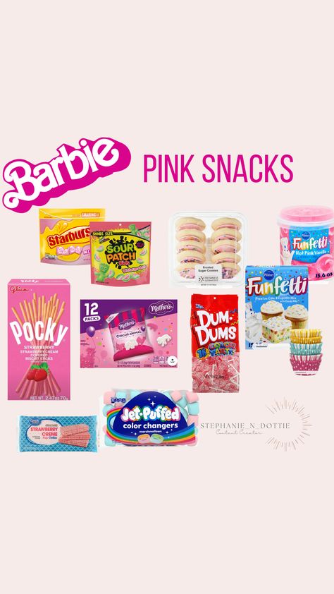 Barbie Party Snacks, Barbie Party Food, Pink Food, Pink cookies, Pink candy, Pink cupcakes Pink Barbie Snacks, Barbie Pool Party Food Ideas, Pink Barbie Party Food, Barbie Theme Snacks, Barbie Pajama Party, Barbie Charcuterie Board Ideas, Barbie Themed Girls Night, Barbie Party Cupcakes, Barbie Movie Night Snacks