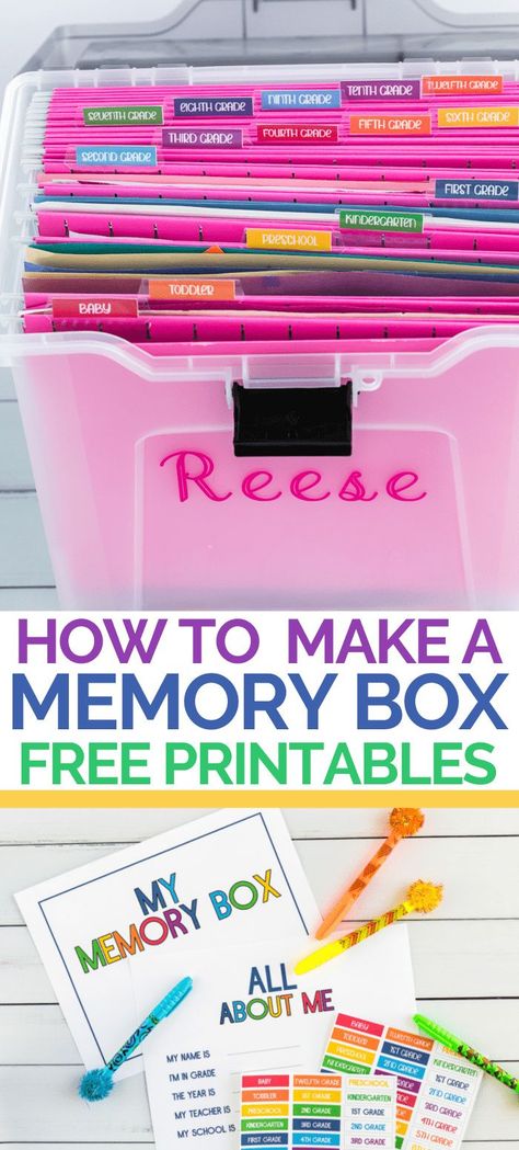 Make a DIY school memory box kit to keep your child's artwork, school work, photos, and more! Grab memory box printables in many styles. #MemoryBox #organization #MemoryBoxPrintables #printables #Keepsake School Project Organization, Childs Memory Box Ideas, School Documents Organization, Minions, Organisation, Keep Sake Box Ideas Diy, Kids School Keepsake Storage, School Project Storage Ideas, Memory Storage Box Ideas