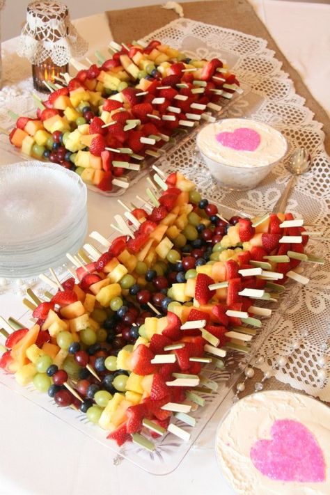 Bridal Shower Finger Foods | Sweets table at my daughter's bridal shower. Bridal Shower Snacks, Wedding Meals, Engagement Party Recipes, Bridal Shower Appetizers, Bridal Brunch Food, Wedding Finger Foods, Toothpick Appetizers, Shower Appetizers, Shower Food Ideas