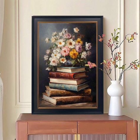 1pc Flower Book Oil Painting Style Art Painting Canvas, Fun Wall Posters For Living Room And Bedroom, Unframed Home Decorative | SHEIN UK Dark Academia Wall Decor, Bedroom Artwork, Gallery Wall Decor, Floral Poster, Wall Decor Pictures, Home Decor Paintings, Arte Floral, Styl Vintage, Flower Wall Art