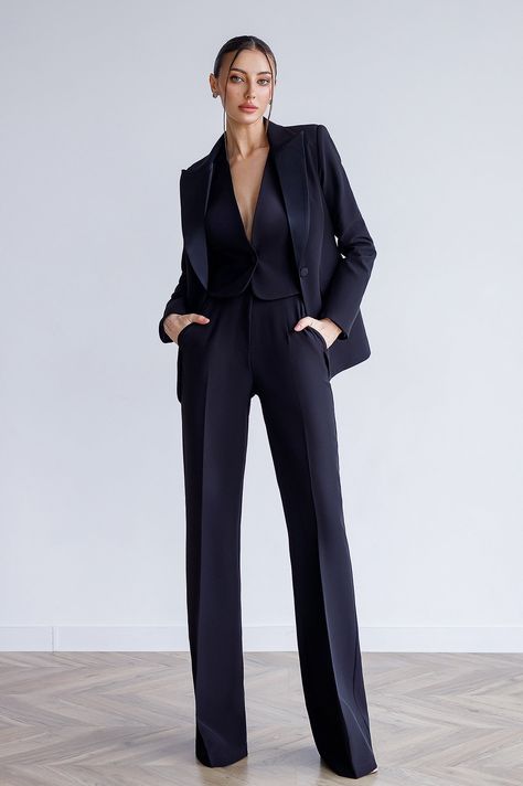 Three Piece Suit Women's, Black Pant Suit, Tuxedo Women, Pantsuits For Women, Power Suit, Three Piece Suit, Pantalon Large, 3 Piece Suits, Black Suits