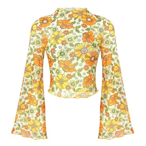 PRICES MAY VARY. 70s outfit for women crafted from breathable mesh fabric, it offers comfort without compromising on style. stretchy, durable enough to not rip easily. If you're a fan of the '70s aesthetic and don't mind a bit of sheer fabric, this vintage floral shirt is a fantastic addition to your collection Its retro-inspired floral pattern instantly transports you to a groovy era of peace and love. The long bell sleeves add a touch of drama and flair. it effortlessly blends nostalgia with c 70s Long Sleeve Shirts, 70s Floral Print, Womens Disco Costume, 70s Inspired Outfits Winter, 70s Spirit Day Outfit, Mexican Aesthetic Outfits, 70’s Disco Outfit, Casual 70s Outfits, Bell Sleeve Outfit