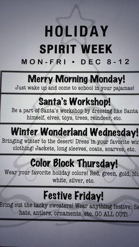 Holiday Spirit Week Ideas, Christmas Spirit Week Ideas, Christmas Spirit Week, Holiday Spirit Week, Spirit Week Ideas, Spirit Week Themes, Spirit Day Ideas, School Spirit Week, School Spirit Days