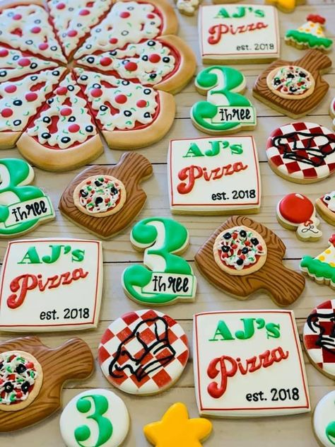 Pizza Theme 3rd Birthday, Pizza 3rd Birthday Party, Pizza Theme Cookies, Slice Of Fun Turning One, Pizza One Year Old Party, Pizza Party Cookies, Pasta Themed Birthday Party, Pizza Party 1st Birthday, 1st Birthday Pizza Theme