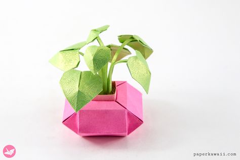 Mini Origami Pot Plants Tutorial - DIY Paper Houseplants via @paper_kawaii Origami Pot, Origami Plant, Paper Flowers Step By Step, Mini Origami, Flowers Step By Step, Origami Mouse, Paper Folding Crafts, Wall Hanging Craft Ideas, Hanging Craft Ideas