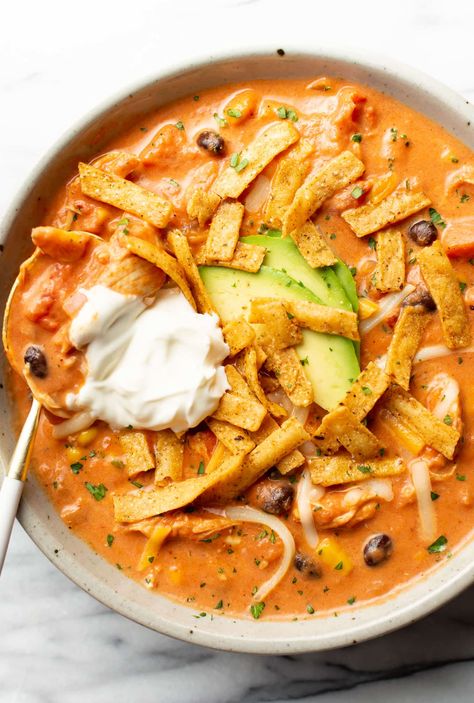 Creamy Chicken Tortilla Soup Creamy Chicken Tortilla Soup, Salt Lavender, Chicken Tortilla Soup Recipe, Chicken Tortilla Soup Easy, Mexican Soup Chicken, Chicken Tortillas Soups Recipe, Tortilla Soup Recipe, Chicken Taco Soup, Simple Chicken