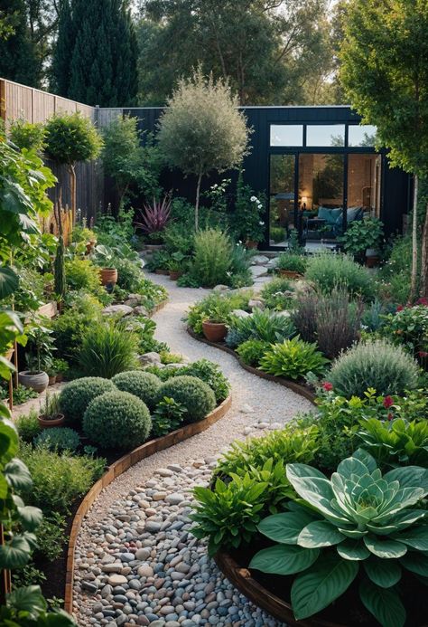 In Ground Planter Ideas, Garden Modern Ideas, Lawn Free Garden, Beautiful Edible Landscaping, Japanese Style Gardens, Large Garden Layout Ideas, Small Narrow Garden Design, Small Lush Garden, Tiny Home Yard Ideas