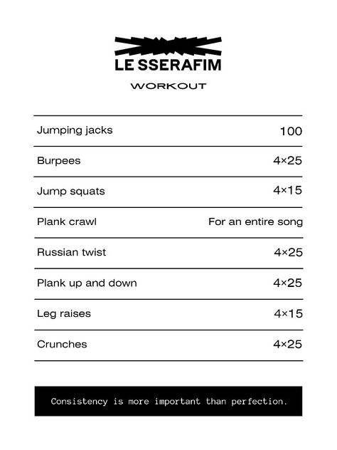 le sserafim workout routine
100 jumping jacks
4 sets of 25 burpees
4 sets of 15 jump squats
Plank crawl for an entire song
4 sets of 25 Russian twists
4 sets of 25 plank up and down
4 sets of 15 leg raises
4 sets of 25 crunches
Consistency is more important than perfection. Sserafim Workout, Le Sserafim Workout, Jumping Squats, Kpop Workout, Summer Body Workout Plan, Calorie Workout, Workout List, Quick Workout Routine, Summer Body Workouts