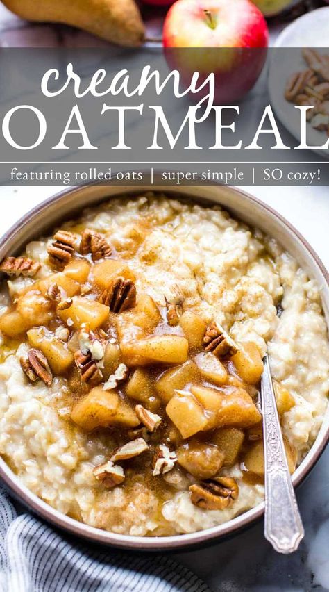 Creamy Oatmeal In a Bowl topped with Stewed Apples Rolled Oats Recipe Breakfast, Old Fashioned Oats Recipe, Rolled Oats Recipe, Oats Recipes Breakfast, Creamy Oatmeal, Old Fashioned Oatmeal, Breakfast Oatmeal Recipes, Oatmeal Recipe, Oats Breakfast