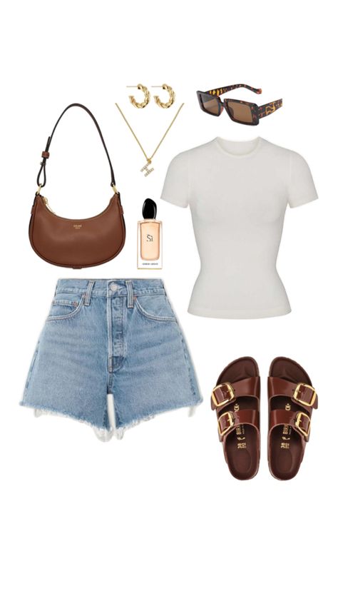 Summer outfit idea, fashion inspiration, fit inspo, brown sandals, shoulder bag, golden jewells, jean shorts Tumblr, Tumblr Thoughts, Pinterest Trends, Jean Short Outfits, Stylish Outfit Ideas, Summer Shorts Outfits, Looks Party, Baggy Pants, Stylish Outfit