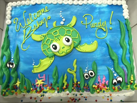 Sea turtle cake Fun Sheet Cake Decorating Ideas, Ocean Theme Sheet Cake, Sea Turtle Birthday Cake, Turtle Sheet Cake, Sea Turtle Birthday, Under The Sea Turtle, Sheet Cake Ideas, Sea Turtle Cake, Turtle Birthday Cake