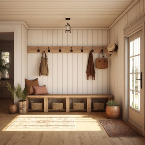 Step into the 'Country Glow', where the often-overlooked farmhouse mud room takes center stage, shining with grace and splendor. More than just a practical space, it radiates with a special luminosity reminiscent of sun-dappled meadows and morning mist over farmlands. With its thoughtful design, rustic touches, and the perfect play of light, the 'Country Glow' mud room isn’t just a place to leave behind the day's wear—it's a radiant invitation into the comforting embrace of home. Mudroom Back Entry, Mudroom Into Living Room, Rustic Master Bedrooms Decor French Country, Mudroom With Fireplace, Mud Room Open To Kitchen, Rustic Country Interior, Mediterranean Mud Room, Rustic Modern Mudroom, Western Mud Room Ideas