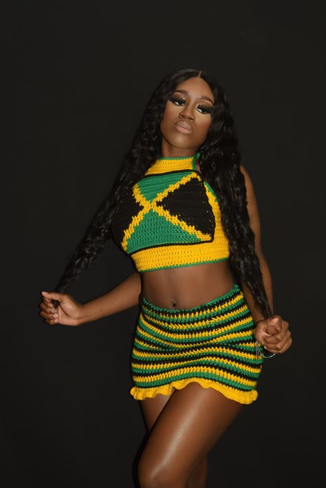 Handmade Jamaican Crochet Flag Top with matching Skirt with Ruffle Hem Carnival Outfit Jamaica, Jamaican Theme Party Outfit, Jamaican Concert Outfit, Jamaica Crochet Outfits, Jamican Outfit Party, Jamaican Dancehall Outfit, Jamaican Theme Party, Jamaican Outfits For Women, Jamaican Swimsuit