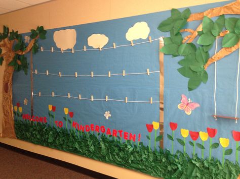 Garden theme bulletin board. I have the clothesline to display the kids work. Garden Bulletin Boards, Garden Theme Classroom, Preschool Bulletin, Kids Work, School Displays, Bulletin Board Ideas, School Garden, Classroom Bulletin Boards, Class Decoration