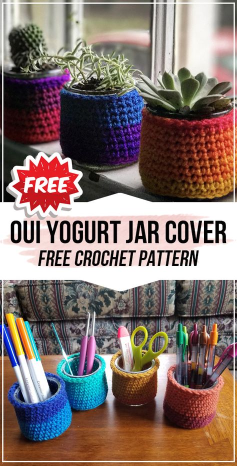 crochet Oui Yogurt Jar Cover free pattern - easy crochet cozy pattern for beginners Amigurumi Patterns, Upcycling, Crochet Oui Jar, What To Do With Glass Yogurt Jars, Oui Jar Gift Ideas, Oui Glass Jar Ideas, Crochet Glass Jar Cover, Crochet Oui Jar Covers, Christmas Oui Jar Crafts