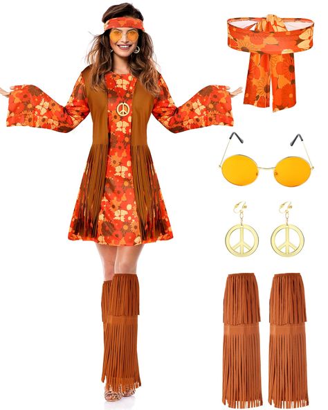 PRICES MAY VARY. What you get: this hippie costume accessories set includes peace sign earrings, peace sign necklace, headband, dress, ankle socks with tassels, suitable set for 60s 70s theme party or show, 5 pieces can meet your different needs Reliable to use: dress, socks, and headband are made by polyester, fringe design which is attractive and stylish, suitable for people of different ages, you can choose the suitable size for yourself Stylish style: 70s outfits for casual and special occas Flower Costume Kids, Hippie Women, Hippie Halloween, 60s Hippie, Boot Covers, Outfits Accessories, 70s Outfits, Fringe Vest, Disco Dress