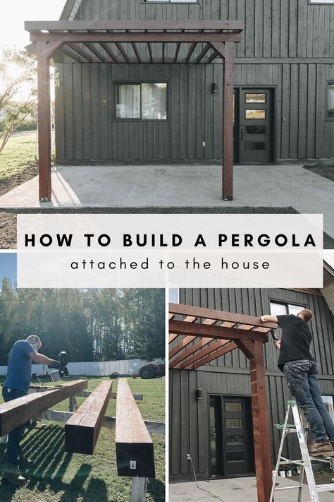 How To Attach A Pergola To A House, Pergola Diy Attached To House, Pergola Lean To House, Pergola Attached To Brick House, Craftsman Pergola Ideas, Pergolas, How To Build A Pergola With Roof, Diy Pergola Attached To House With Roof, Pergola Ideas Front Of House