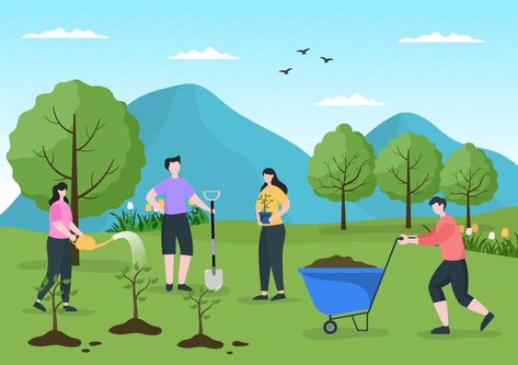 People Planting Trees Flat Cartoon Vector Illustration With Gardening, Farming and Agriculture Use Tree Roots or a Shovel For Caring Environment Concept Plant A Tree Illustration, People Planting Trees Drawing, Healthy Community Drawing, Planting Trees Illustration, Planting Trees Drawing, Agriculture Cartoon, People Planting Trees, Garden Cartoon, Recycle Poster