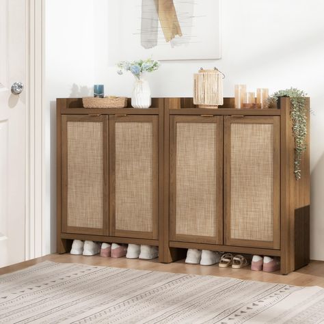 Shoe Cabinet With Doors, Rattan Shoe Cabinet, Rattan Cabinet, Shoe Cabinet Entryway, Shoes Cabinet, Organizer Cabinet, Hallway Closet, Wooden Shoe Racks, Entryway Cabinet