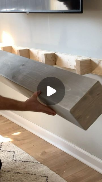 Scrap Wood Floating Shelves, Chunky Floating Shelves Living Room, Diy Tv Floating Shelves, How To Build A Fake Fireplace Mantel, Simple Diy Entertainment Center, Diy Tv Shelf Floating Shelves, Floating Shelf Configuration, How To Floating Shelf, Wood Mantle Without Fireplace