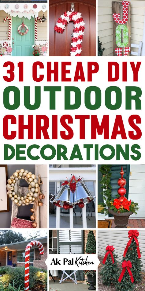 Enhance your holiday home decor with easy diy outdoor Christmas decorations! Transform your front porch into a festive space with DIY Christmas craft ideas and beautiful front door wreaths. Illuminate your lawn with twinkling lights and holiday porch displays. Discover easy ways to decorate your home with Christmas garlands, reindeer decor, and enchanting holiday yard decorations. Create a winter wonderland with these outdoor holiday decorating ideas. So must try these DIY Christmas decorations. Diy Outdoor Christmas Decorations, Outdoor Christmas Decorations Yard, Outdoor Christmas Diy, Outside Christmas Decorations, Christmas Yard Decorations, Christmas Porch Decor, Christmas Decorations Diy Outdoor, Front Porch Christmas Decor, Christmas Yard