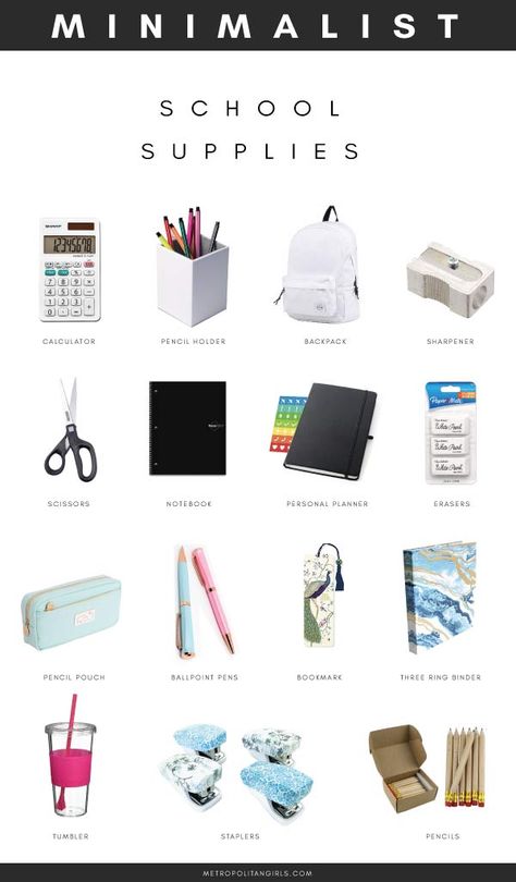 Minimalist School Supplies for College and High School. School essential packing list for girls and boys. Minimalist School Supplies, School Supplies For College, Supplies For College, Schul Survival Kits, High School Supplies, Middle School Supplies, Studie Hacks, 1000 Lifehacks, Middle School Survival