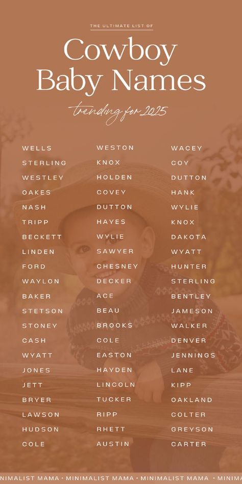 Searching for unique baby names for boys in 2025 and love strong, rustic charm of cowboy baby names? This list of Southern baby names is chock full of modern picks for your little country babe - Western baby names and meanings that you won't see on other lists!  ... Cowboy Nicknames, Cowboy Baby Names, Unique Baby Names For Boys, Rare Beautiful Names, Country Baby Boy Names, Victoria Core, Country Boy Names, Western Baby Names