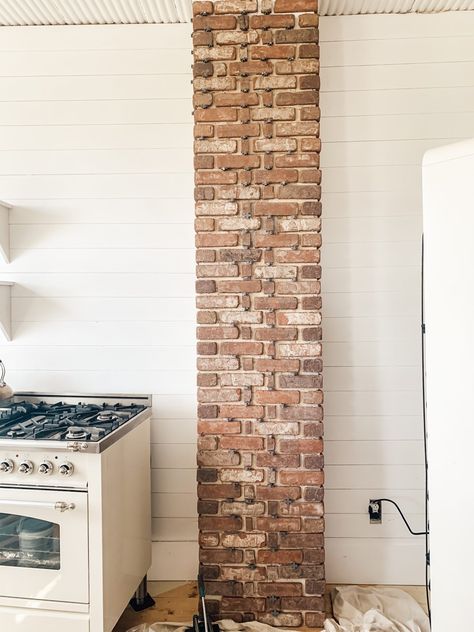 Faux Chimney Wall, Chimney In Kitchen Ideas, Chimney Covering Ideas, Chimney Kitchen Ideas, Column In Kitchen, Fake Brick, Chimney Design, Kitchen Eating Areas, Mudroom Flooring