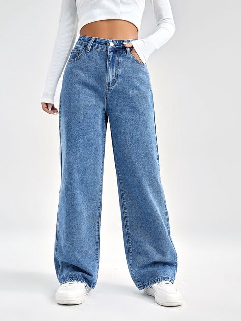 Medium Wash  Collar  Denim Plain Wide Leg Embellished Non-Stretch  Women Denim Jeans Without Holes, Mode Jeans, Shein Outfits, Lily James, Jeans Casual, Loungewear Set, Women Denim Jeans, Jeans Boyfriend, Boyfriend Fit