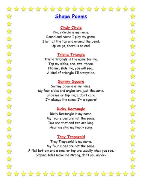 preschool geometric shapes | Geometry Shape Poems Shapes Poem Kindergarten, Building Poems Preschool, Colours And Shapes Preschool, Shapes Songs Preschool, Shape Songs Preschool, Manners Preschool, Math Poems, Calendar Songs, Math Shapes