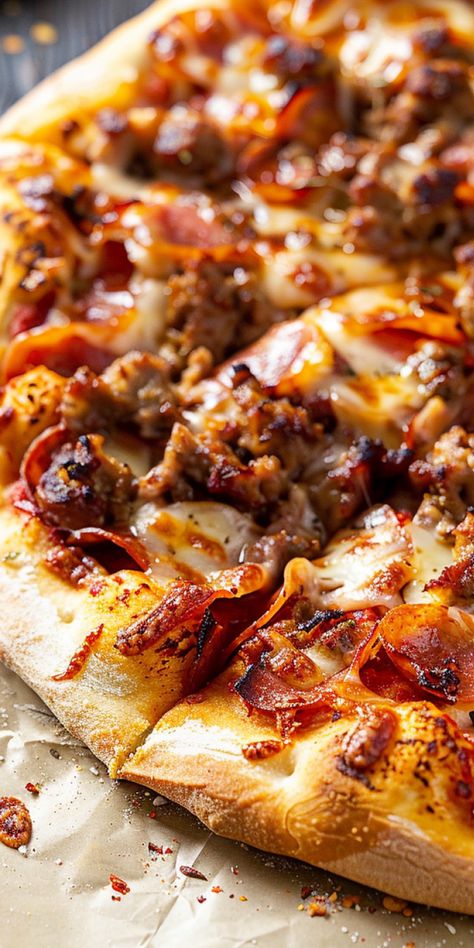 Meat Lovers Flatbread Pizza, Homemade Meat Lovers Pizza, Homemade Pizza Ideas, Meaty Pizza, Pizza Topping Ideas, Steak Pizza, Meat Pizza, Meat Lovers Pizza, Pizza Ideas