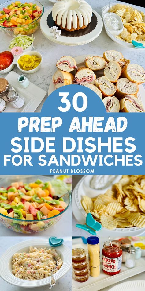 Order a big party sub or a party sandwich platter and then just prep ahead these easy side dishes for sandwiches to fill out your menu. This is a great easy buffet to serve for a graduation party or open house event. Sandwich Platter Recipes, Subs For A Crowd Parties, Sandwich Wraps For Parties, Light Lunch Buffet Ideas, Premade Sandwiches For Party, What To Serve With Subs At A Party, Dish To Take To A Party, What To Serve At A Party, Make Your Own Sandwich Platter