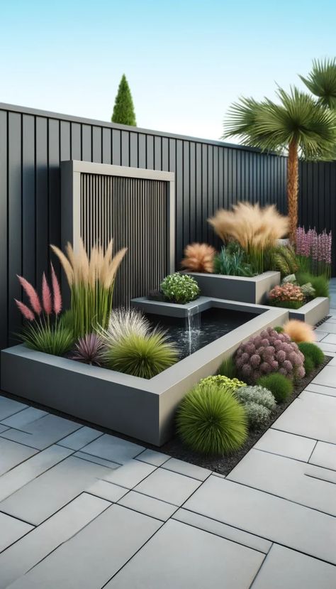 Contemporary Garden Planting, Garden Shape Ideas, Concrete Flower Beds Raised, Garden Ideas Minimalist, Garden Design Minimalist, Greenery Privacy Fence, Contemporary Landscaping Ideas, Modern Outdoor Water Features, Modern Garden Fence Ideas