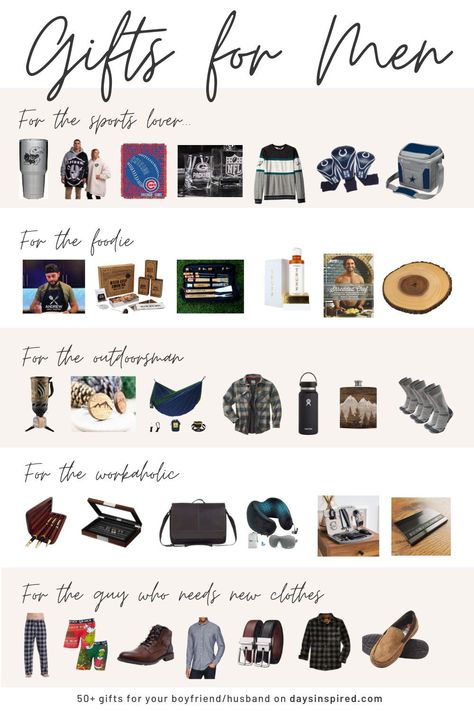 If you’re stumped on gift ideas for your boyfriend or husband, think about the person you’re shopping for’s personality and what type of gift they might like. I’ve compiled gift guides for the man in your life based on their personality. Whether you’re shopping for a guy who loves sports, is a major foodie, loves the outdoors, needs some help with fashion, or works super hard, I hope this gift guide gives you some idea for what to buy the men in your life! Fun Gifts For Him, Gifting Ideas For Men, What To Gift Boyfriend On His Birthday, What To Buy Your Boyfriend For Birthday, Things To Buy Your Boyfriend Gift Ideas, What Gifts To Give Your Boyfriend, Gifts For Boyfriend Birthday To Buy, What To Get A Guy For His Birthday, Christmas Presents For Boyfriend Ideas For Him