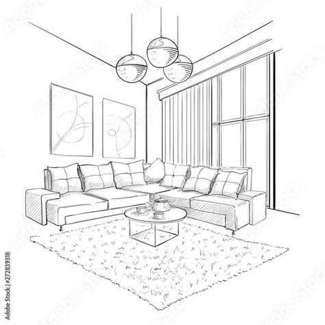 Living room interior sketch. Stock Vector | Adobe Stock Room Perspective Drawing, Interior Architecture Sketch, Interior Design Sketchbook, Drawing Furniture, Furniture Sketch, Furniture Design Sketches, Perspective Drawing Architecture, Interior Architecture Drawing, Drawing Interior