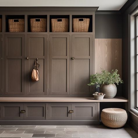 JT & Co. Interiors | Interior Design & Home Staging (@jtcointeriors) • Instagram photos and videos Boot Room Design, Mud Room With Desk, Mudroom Room Ideas, Modern Moody Farmhouse, Walnut Mudroom, Brown Mudroom, Mudroom Millwork, Mudroom Styling, Mudroom Cabinet