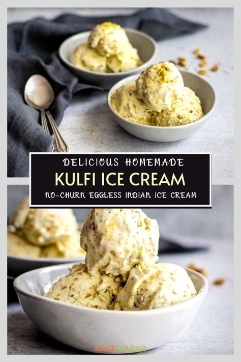 This Kulfi Ice Cream is an eggless, no-churn Indian flavored recipe perfumed with saffron, cardamom, rosewater, and assorted nuts, that's ready to freeze in 10 minutes. Icecream Ideas, Kulfi Ice Cream, Indian Ice Cream, Saffron Recipes, Gourmet Ice Cream, Afrikaanse Resepte, Assorted Nuts, Gluten Free Ice Cream, Kulfi Recipe