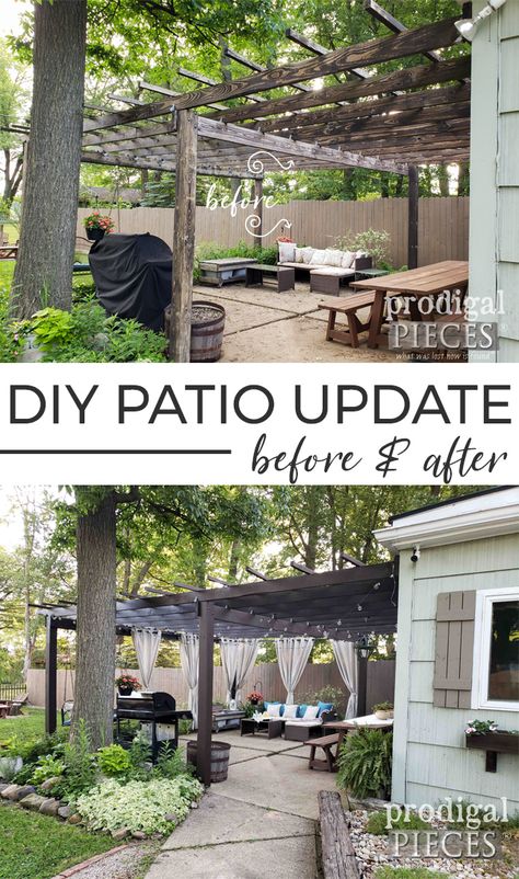 What a difference! This DIY Patio & Pergola Update Refreshes and Dresses up this backyard retreat | Details at Prodigal Pieces | prodigalpieces.com #prodigalpieces #diy #home #homedecor #patio #pergola #backyard Pergola Over Concrete Patio, Easy Pergola Ideas Diy, Pergola Furniture Ideas, Diy Patio Pergola, Pergola Makeover, Pergola Furniture, Colorful Patio Decorating Ideas, Patio Pergola Ideas, Terasse Ideas