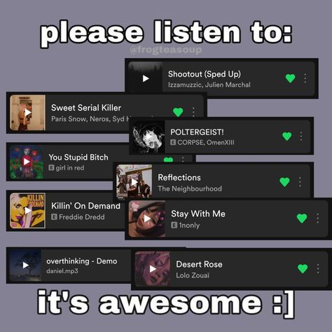 Spotify Playlist Suggestions, Assigning Songs To Characters, Song Suggestions Spotify, This Song Template, Songs Underrated, Underrated Music, Underrated Songs, This Song, Music Suggestions Instagram Story