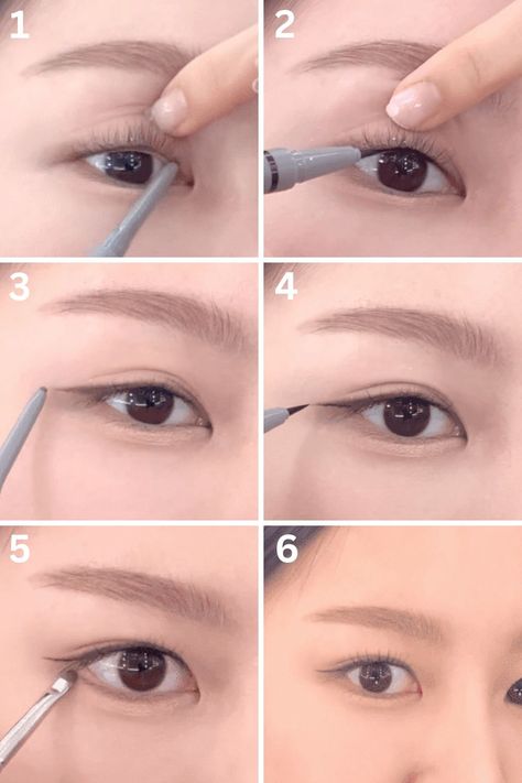 Korean eyeliner look step by step tutorial How To Eyeliner Korean, Simple Eye Lining, Eyeliner Tutorial For Monolid Eyes, Korean Makeup Eyebrow, Eyeliner For Downturned Eyes Simple, No Eyeliner Eyeliner Look, How To Have Korean Eyes Naturally, Monolid Eyeliner Tutorial, Downturned Eyeliner Tutorial