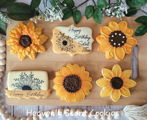 60th Birthday Sunflower Theme, Sunflower Birthday Cookies Decorated, Royal Icing Sunflower Cookies, Sunflower Cutout Cookies, Sunflower Bridal Shower Cookies, Sunflower Birthday Cookies, Sunflower Royal Icing Cookies, Sunflower Decorated Cookies, Sunflower Cookies Royal Icing