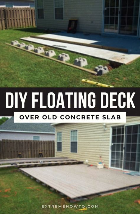 Build a floating backyard deck over concrete slab or patio. Follow our DIY guide for step-by-step instructions. Discover budget-friendly ground level deck ideas and get inspired to create a beautiful outdoor living space. Learn the low-down on low decks and design a floating deck that enhances your backyard! Extend Concrete Slab Patio, Flat Deck Ideas Backyards Patio, Covered Floating Deck Ideas, Floating Wood Deck Patio, Ground Level Wood Deck, Simple Floating Deck, Leveled Deck Ideas, Diy Low Deck Ground Level, Easy Deck Ideas On A Budget