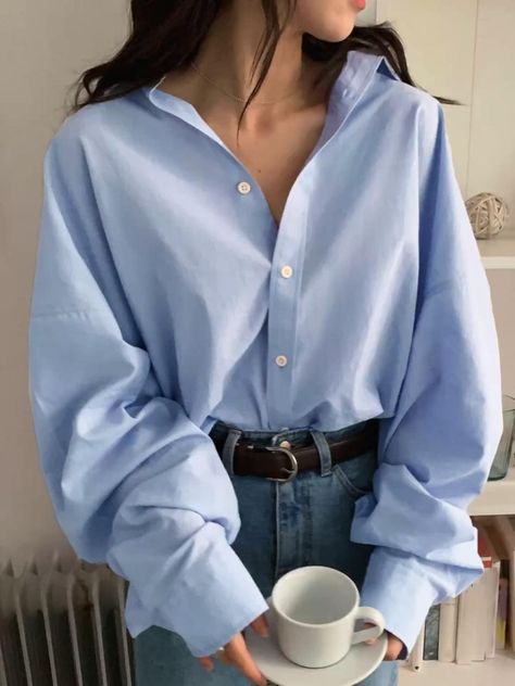 Shirt Placket, Blue Shirt Outfits, Oversized Pattern, Haine Diy, Mode Hippie, Blue Button Up Shirt, Outfits Petite, Blue Long Sleeve Shirt, Outfits Indie