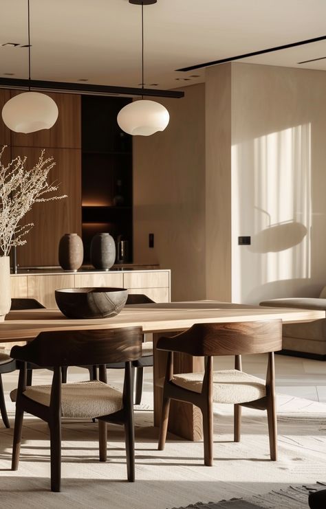 Japandi With Dark Wood, Warm Neutral Living Room Earth Tones, Japandi Dining Table, Japandi Dining Room Design, Japanese Dining Room, Japandi Color Palette, Japandi Dining Room, Japandi Dining, Simple Interiors